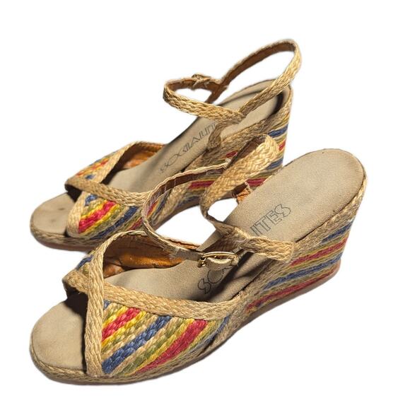 Vtg 1970s Socialites Rainbow Jute Buckling Ankle Strap Espadrille Sandals Sz 6 - Picture 5 of 5